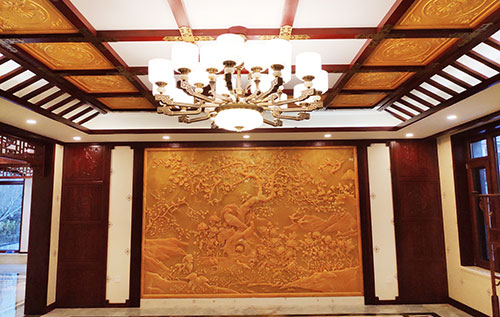 全椒中式别墅客厅中式木作横梁吊顶装饰展示